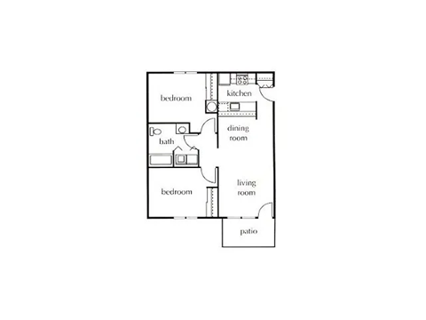 Floor plan for 2 beds, 1 bath, 843 sqft